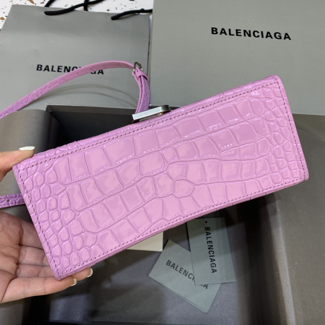 Balenciaga Hourglass Small Handbag Crocodile Embossed Shoulder Bag Pink Purple